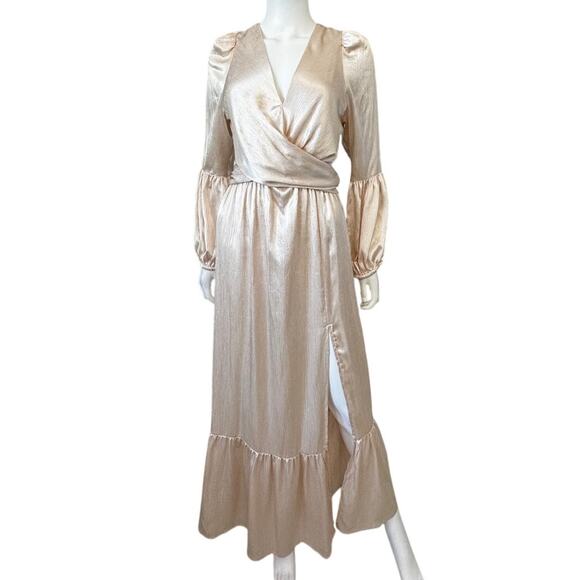 RAHI~ ANTHROPOLOGIE Women's Champagne Leila Luster Long Sleeve Maxi Dress Size L - Picture 2 of 6